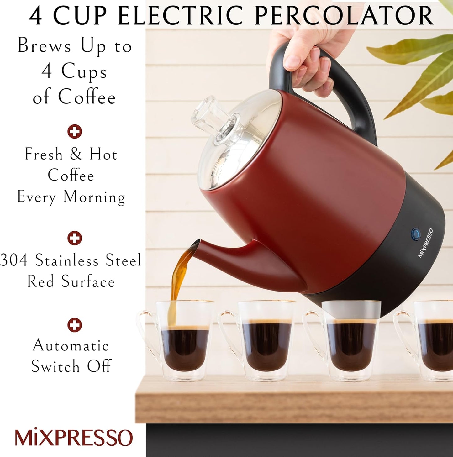 Mixpresso Rooi Klein Perkolator Koffiepot Elektries 4 Koppies, Vlekvrye Staal Koffiemaker, Koffie Perkolator Elektries Met Warmhou-funksie, 4 Koppies Vlekvrye Staal Perkolator Met Mandjie