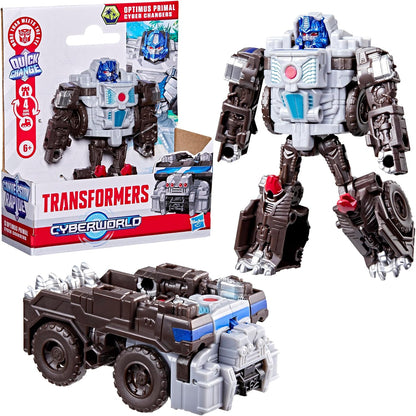 Transformers CYBERWORLD Optimus Primal Cyber Changers 4-Inch Action Figure, Quick Change to Truck Mode, Robot Toys for Boys and Girls 6 and Up
