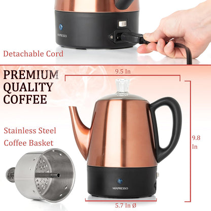 Mixpresso Elektriese Koffieperkoleerder Koperliggaam met Vlekvrye Staal Deksel Koffiemaker, Perkoleerder Elektriese Pot - 4 Koppies, Koper Kampkoffiepot