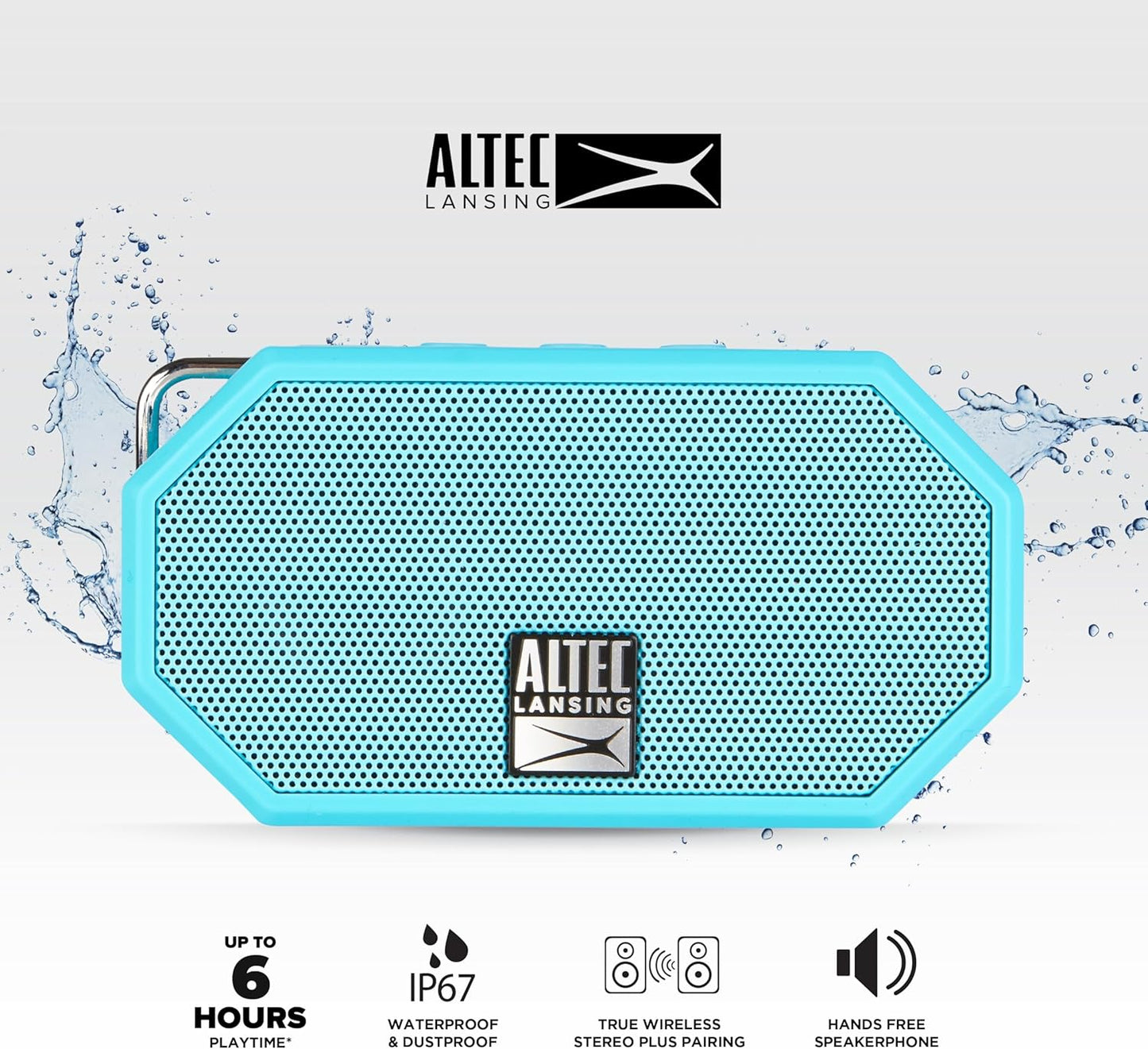Altec Lansing Mini H2O – Waterdigte Bluetooth-luidspreker, IP67-gesertifiseer en dryf in water, kompakte en draagbare luidspreker vir stap, kamp, swembad en strand, Aqua