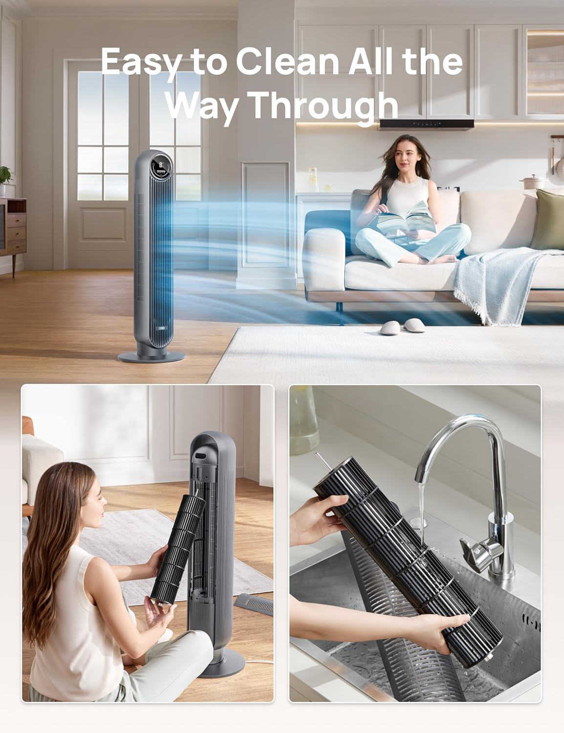 Tower Fan 25ft/s Velocity Quiet Floor Fan, 90° Oscillating w/ 4 Speeds, 4 Modes, 8H Timer - Grey