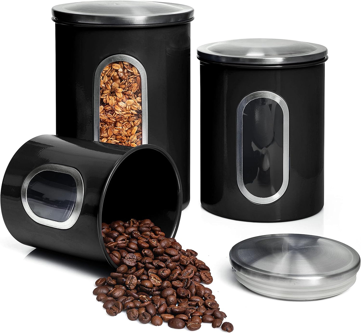 Mixpresso 3-stuk swart kanisterstelle vir die kombuis, lugdigte kanisterstel met deursigtige venster, bergingsflesse vir koffiehouer, tee-organiseerder en suikerkanister, swart kombuiskansiters
