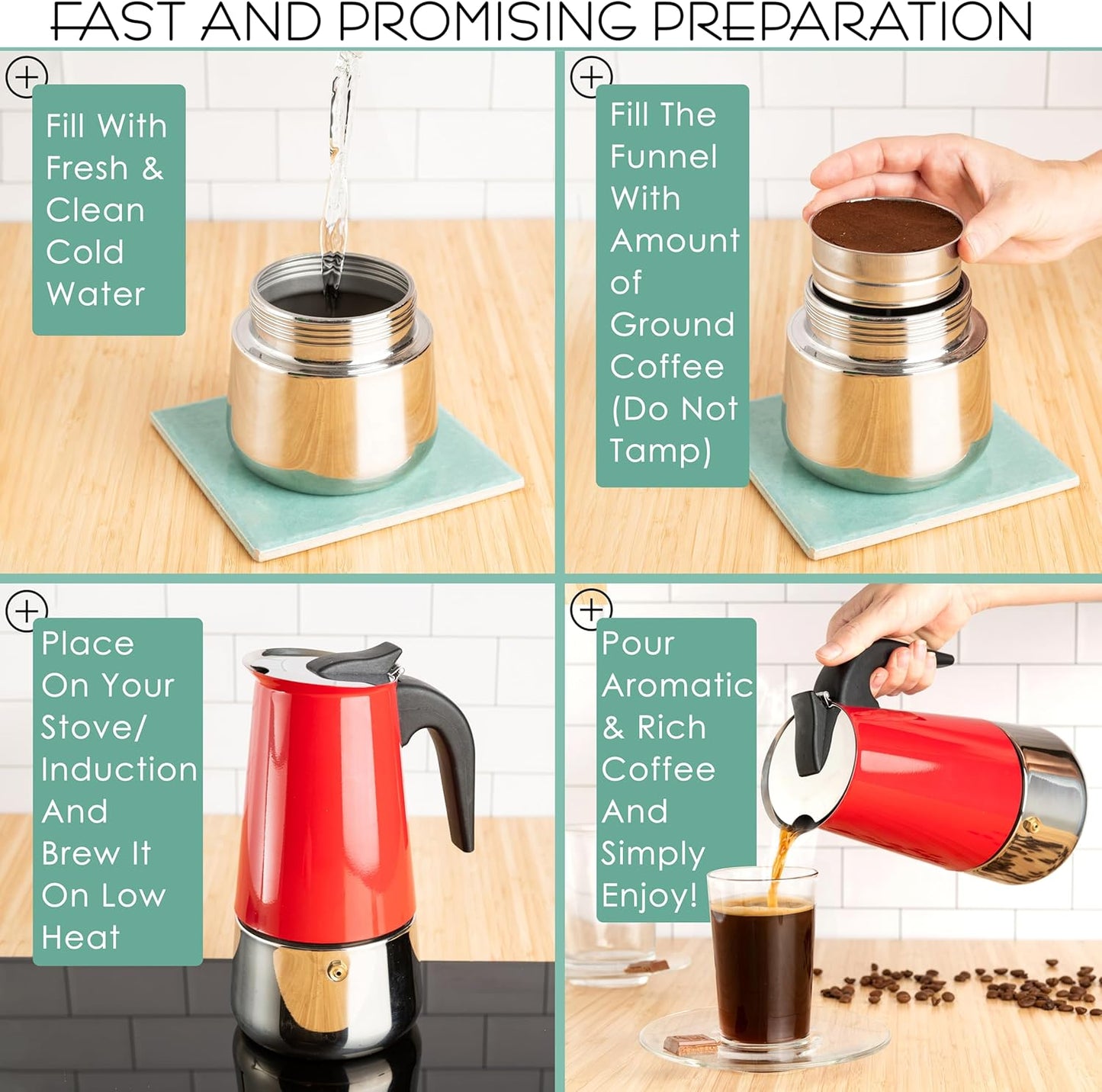 Mixpresso Rooi 9 Kophouer Greca Stoofplaat Espresso Pot 450ml/15oz, Moka Pot met Koffieperkolator-ontwerp, Vlekvrye Staal Stoofplaat Koffiemaker vir Kamp of Tuisgebruik, Italiaanse Stoofplaat Espressomaker