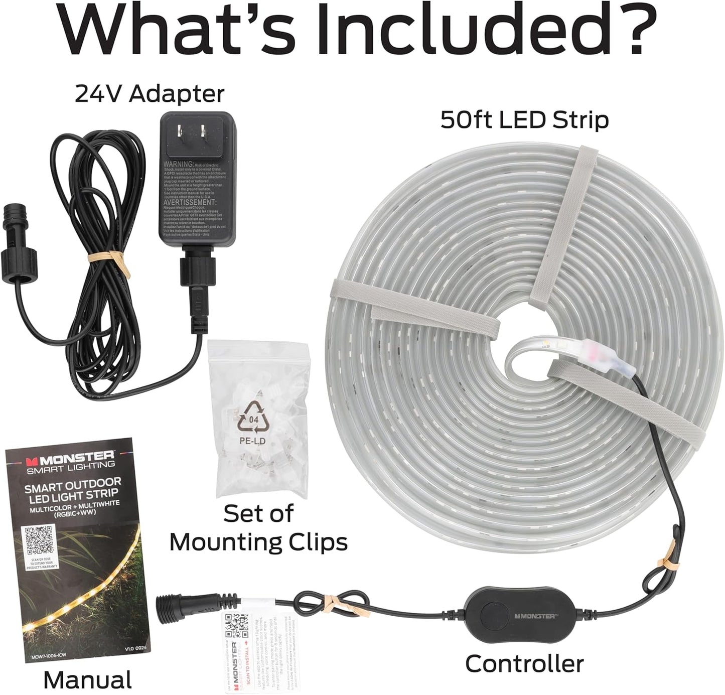 Monster Smart 50 Foot RGB+IC+WW Outdoor LED Light Strip, Sound Reactive, Dimmable, Multicolored & Multi-White, IP44 Waterproof, Weather Resistant, App Control, Compatible with Alexa, Google Home, Siri