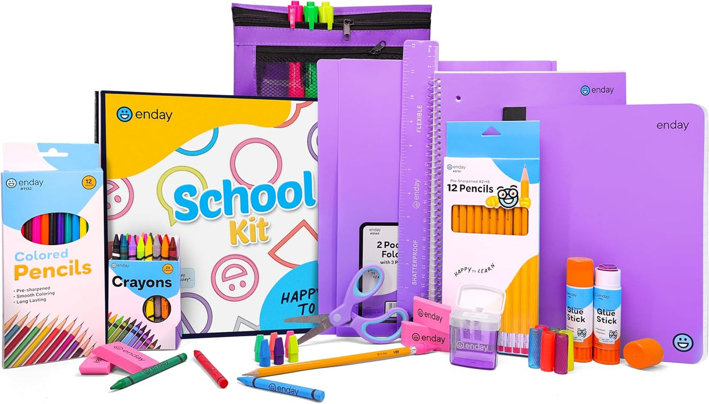 Back to School Supplies for Kids, Purple School Supply Box Premium Quality Kids School Supplies Kit, Kindergarten School Supplies for Girls and Boys, 71 Piece Set - by Enday