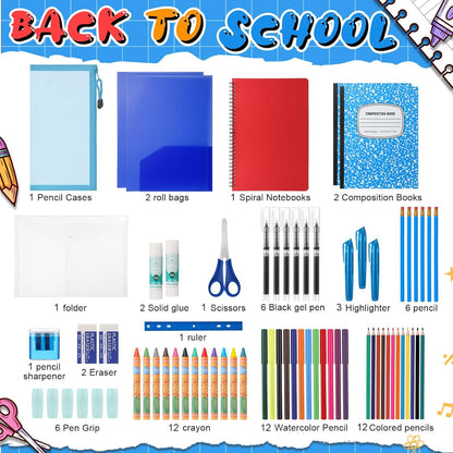 Back to School Supplies Essentials (39 PCS) Bundle Include Pencils Scissors Ruler Eraser Crayon Sharpener Notebook Pencil Case Folder Notebook(Blue)
