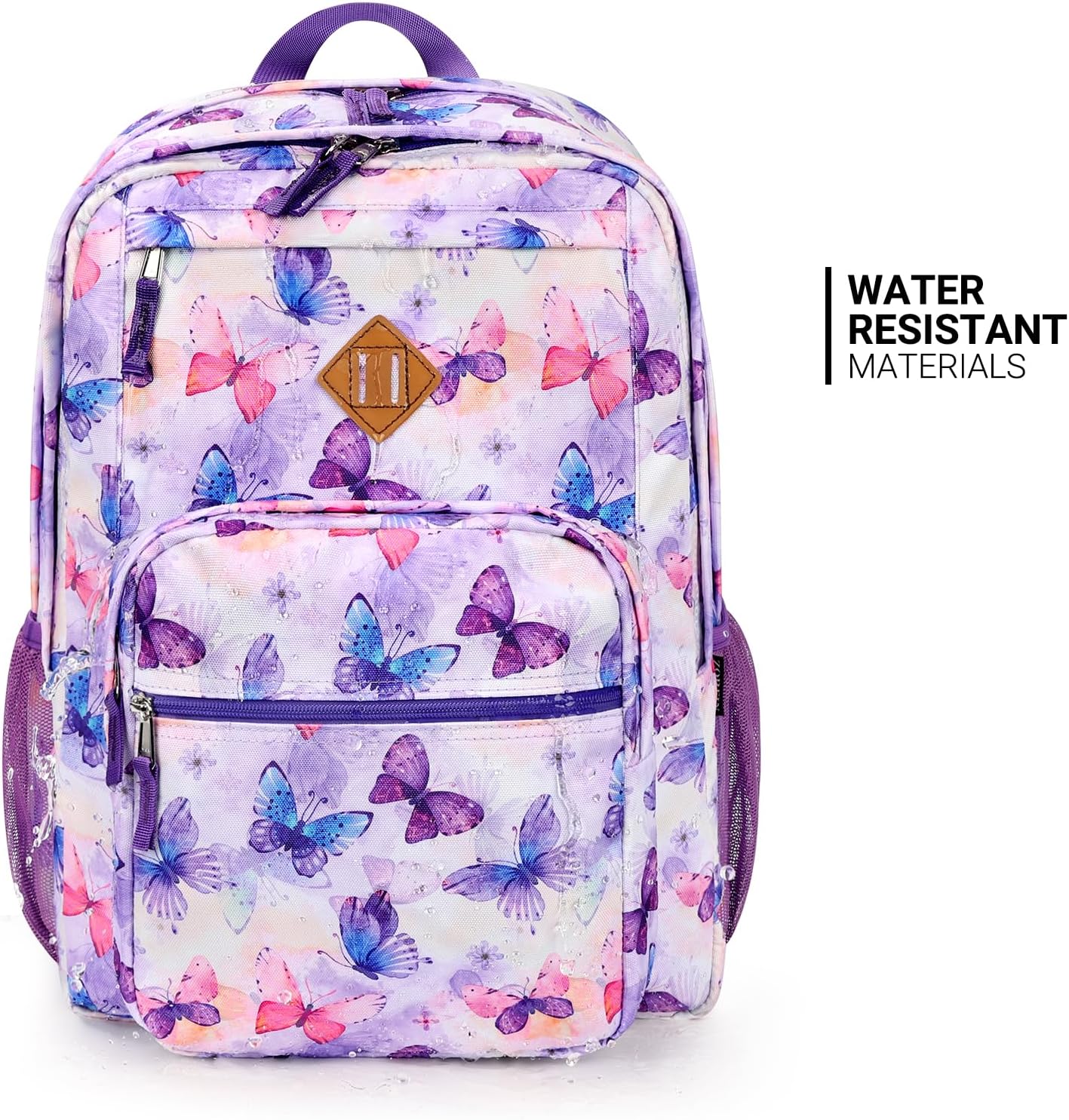 26L Backpack for School, College, and Travel: Water Resistant Bookbag with 8 Compartments - Butterfly Purple