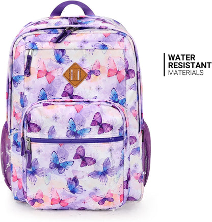 26L Backpack for School, College, and Travel: Water Resistant Bookbag with 8 Compartments - Butterfly Purple