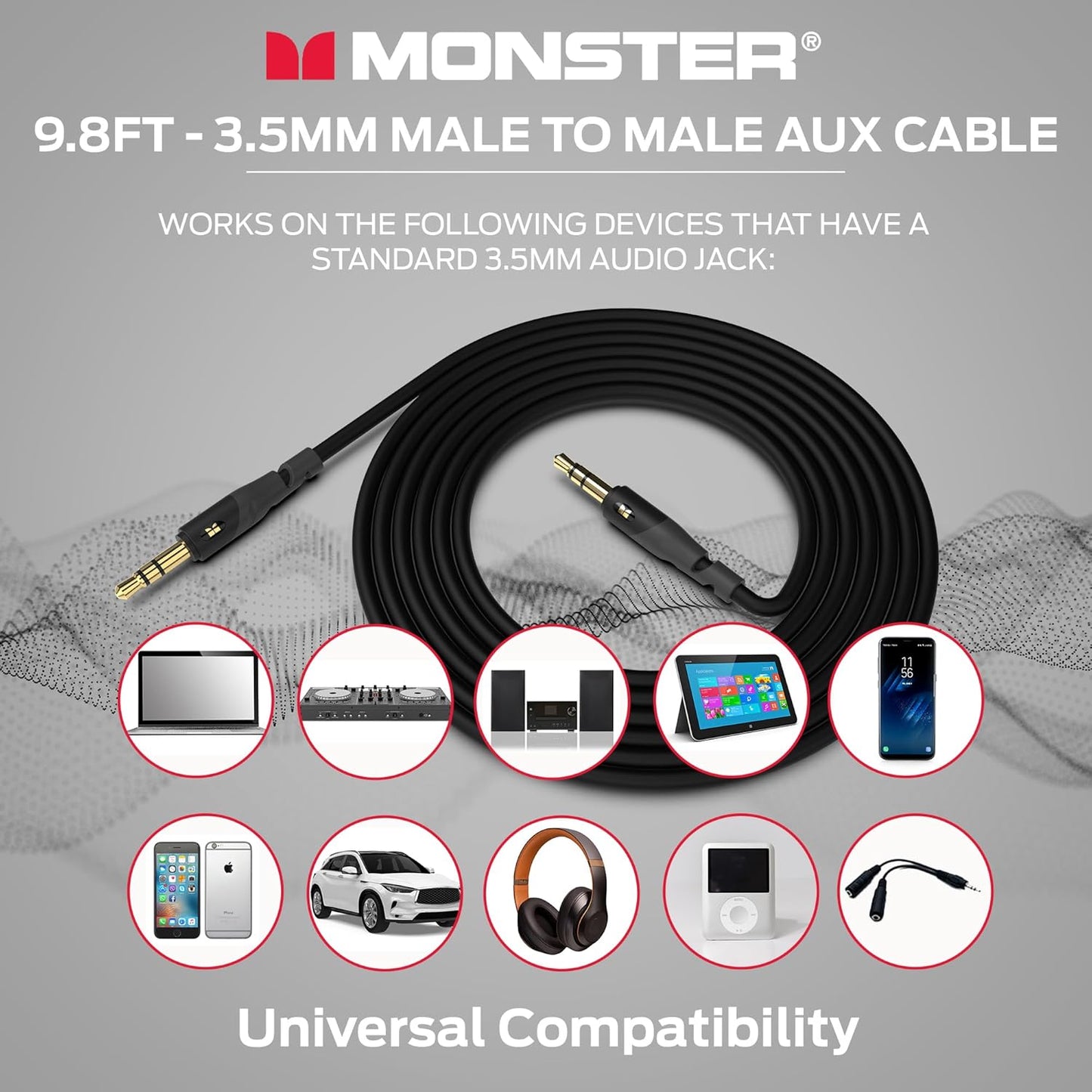 Monster Gen1 Essentials Mini-na-Mini Interconnect Oudiokabel 3.5mm Manlik na Manlik, 9.8FT Aux-kabel met Duraflex-omhulsel, Premium Vergulde Koppelaars, Kabel vir motor, huis, stereo