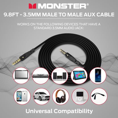 Monster Gen1 Essentials Mini-na-Mini Interconnect Oudiokabel 3.5mm Manlik na Manlik, 9.8FT Aux-kabel met Duraflex-omhulsel, Premium Vergulde Koppelaars, Kabel vir motor, huis, stereo