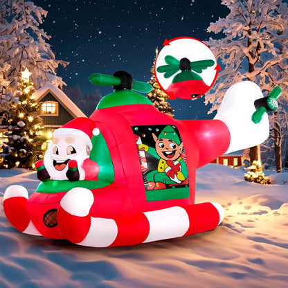 (7FT) Long Christmas Inflatable Santa Elf on Animated Helicopter, Blow Up Santa Inflatable on Flying Airplane with Rotating Propeller Decor