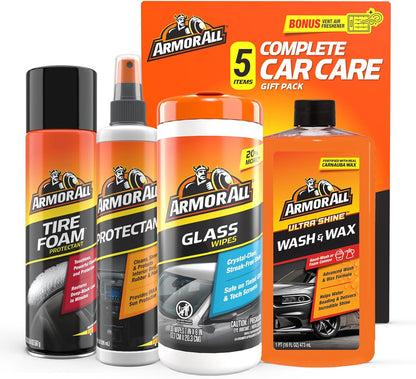 Armor All Car Wash en Car Cleaner Kit - Sluit Glasdoeke, Car Wash & Wax Konsentraat, Beskermingssproei en Bandskuim in