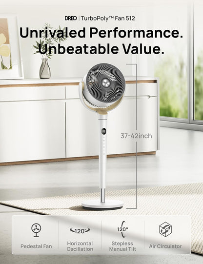 Dreo Waaier 120° Ossillerend, Stil Staander met GS-motor, 9 Spoede, 4 modusse, 37-42" Verstelbare Hoogte, 9H Tydhouer - Wit