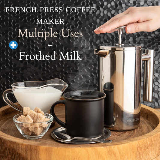 Mixpresso Vlekvrye Staal Franse Pers Koffiemaker 27 Oz 800 ml, Dubbelwand Geïsoleerde Franse Pers Vlekvrye Staal, Maklik Skoon Teebrouer, Maklike Druk Duursame Metaal Koffiepers