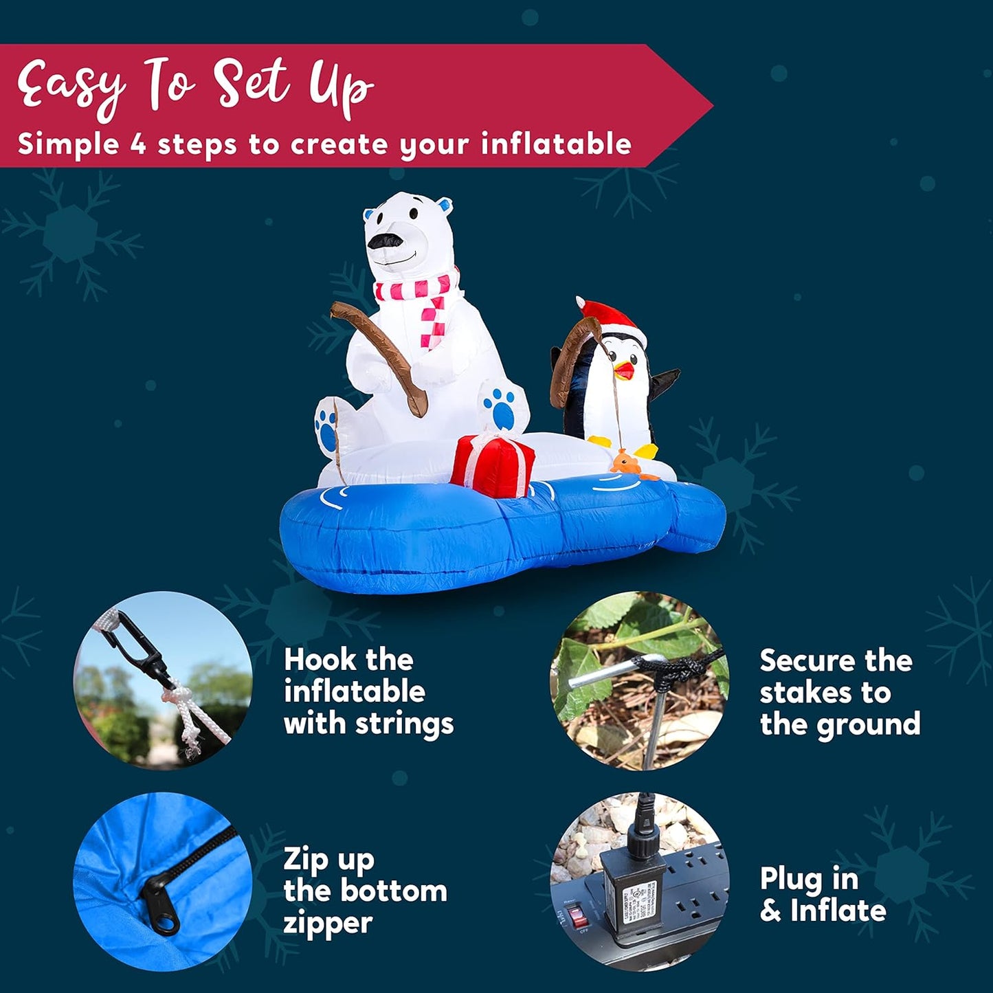 (6FT) Long Christmas Inflatable Polar Bear Fishing w/ Penguin Decoration, Blow Up w/ Built-in LEDs
