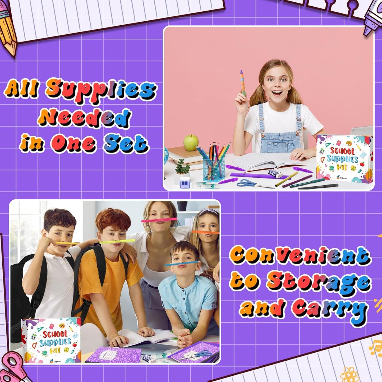 Back to School Supplies Essentials (39 PCS) Bundle Include Pencils Scissors Ruler Eraser Crayon Sharpener Notebook Pencil Case Folder Notebook(Purple)