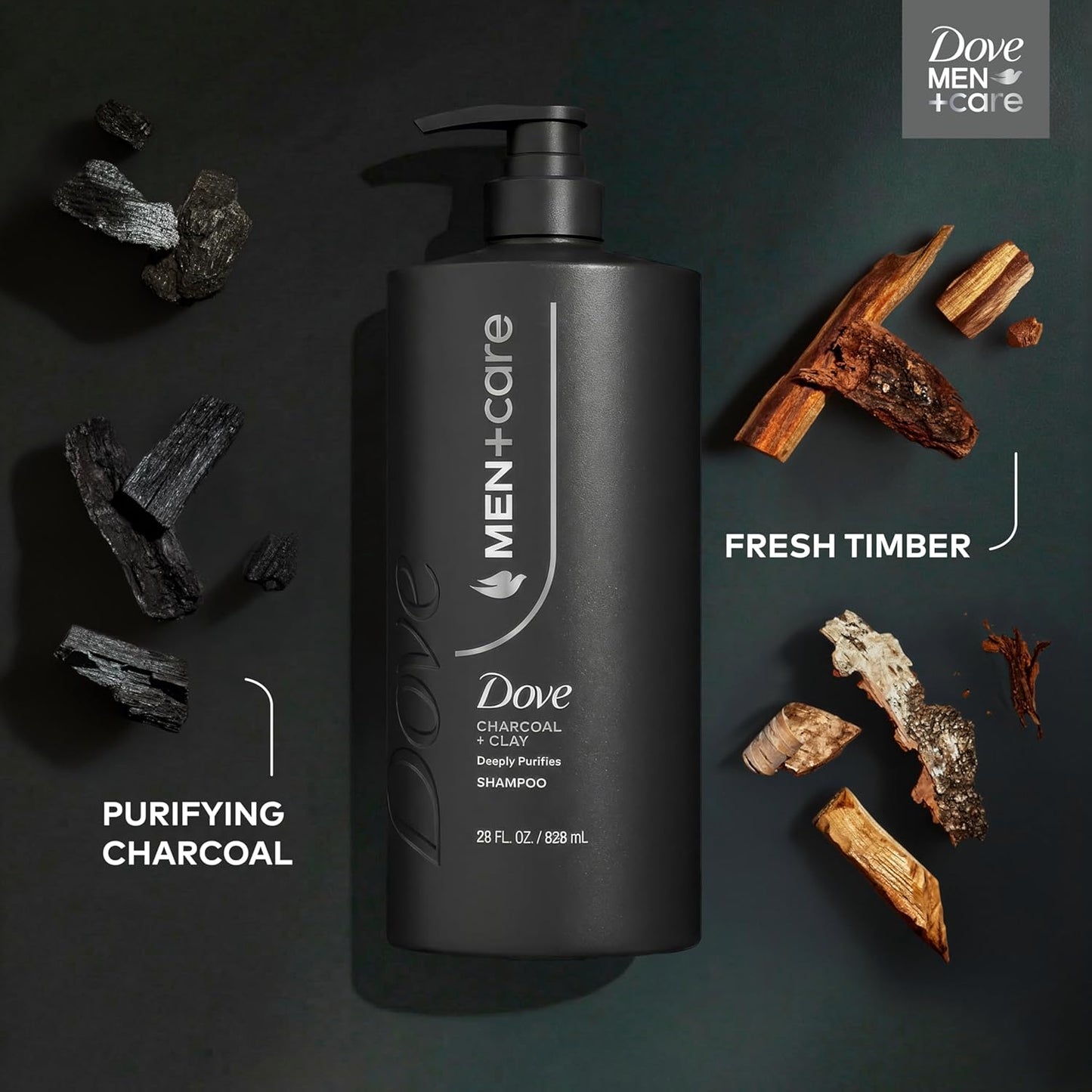 DOVE MEN + CARE Shampoo Charcoal + Clay for Real Hair that Powers Up Hair Strength, w/ Deep Purifying Benefits, 28 Fl oz. (2 CT)