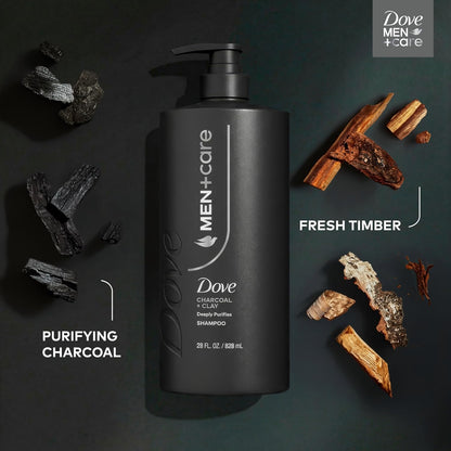 DOVE MEN + CARE Shampoo Charcoal + Clay for Real Hair that Powers Up Hair Strength, w/ Deep Purifying Benefits, 28 Fl oz. (2 CT)