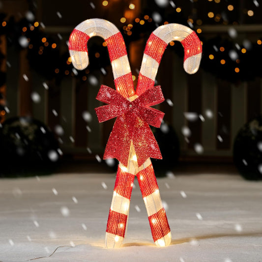 Lighted Candy Cane Christmas Decorations Outdoor, 50 Pre-Lit LED Warm White w/ Metal Stakes for Outside Porch