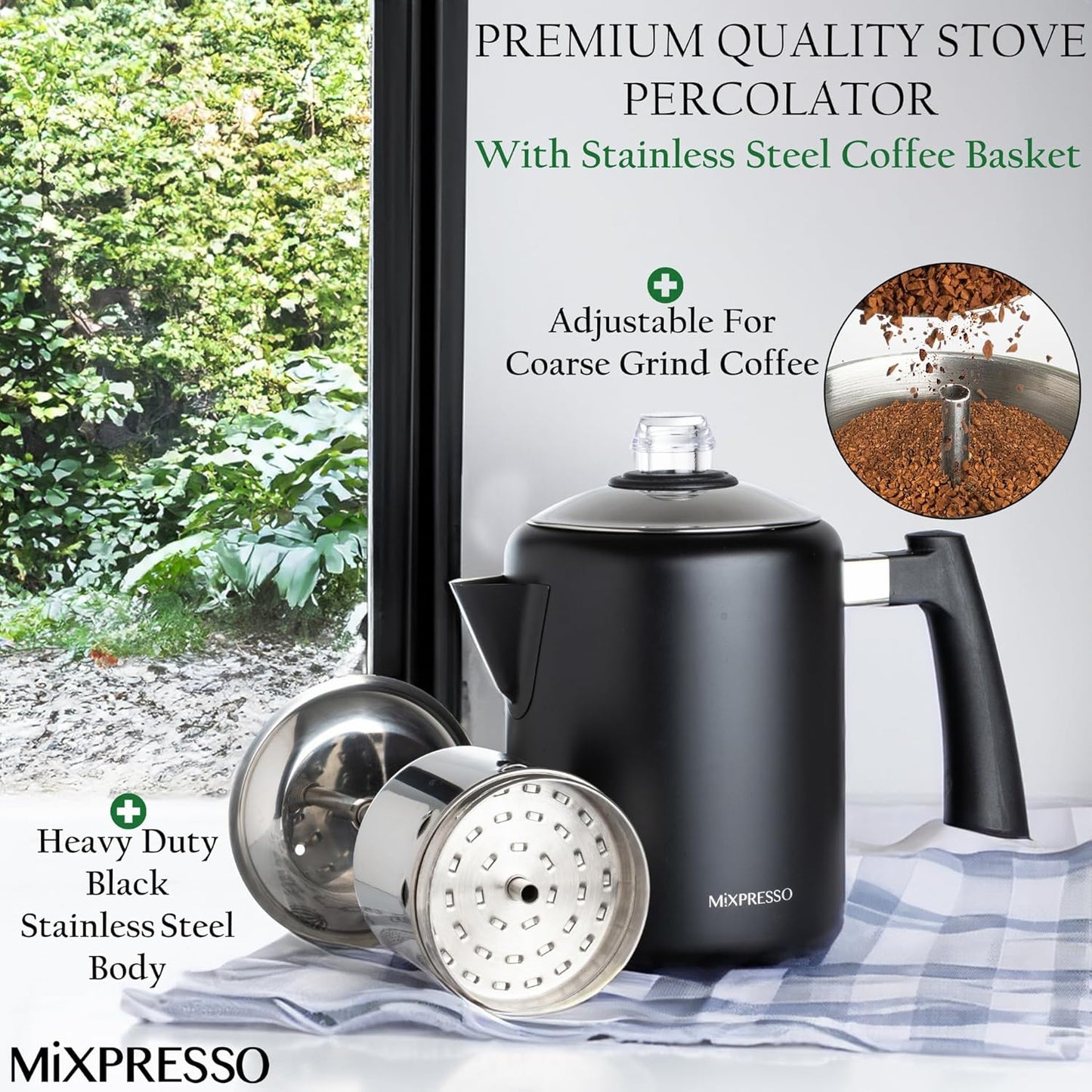 Mixpresso Swart Vlekvrye Staal Koffieperkoleerder Kookplaat, 37oz Klassieke Perkoleerder Koffiepot, Puik Vir Kamp, 5-8 Koppie Kookplaat Espressomaker, Koel-aanraking Handvatsel