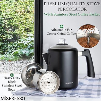 Mixpresso Swart Vlekvrye Staal Koffieperkoleerder Kookplaat, 37oz Klassieke Perkoleerder Koffiepot, Puik Vir Kamp, 5-8 Koppie Kookplaat Espressomaker, Koel-aanraking Handvatsel