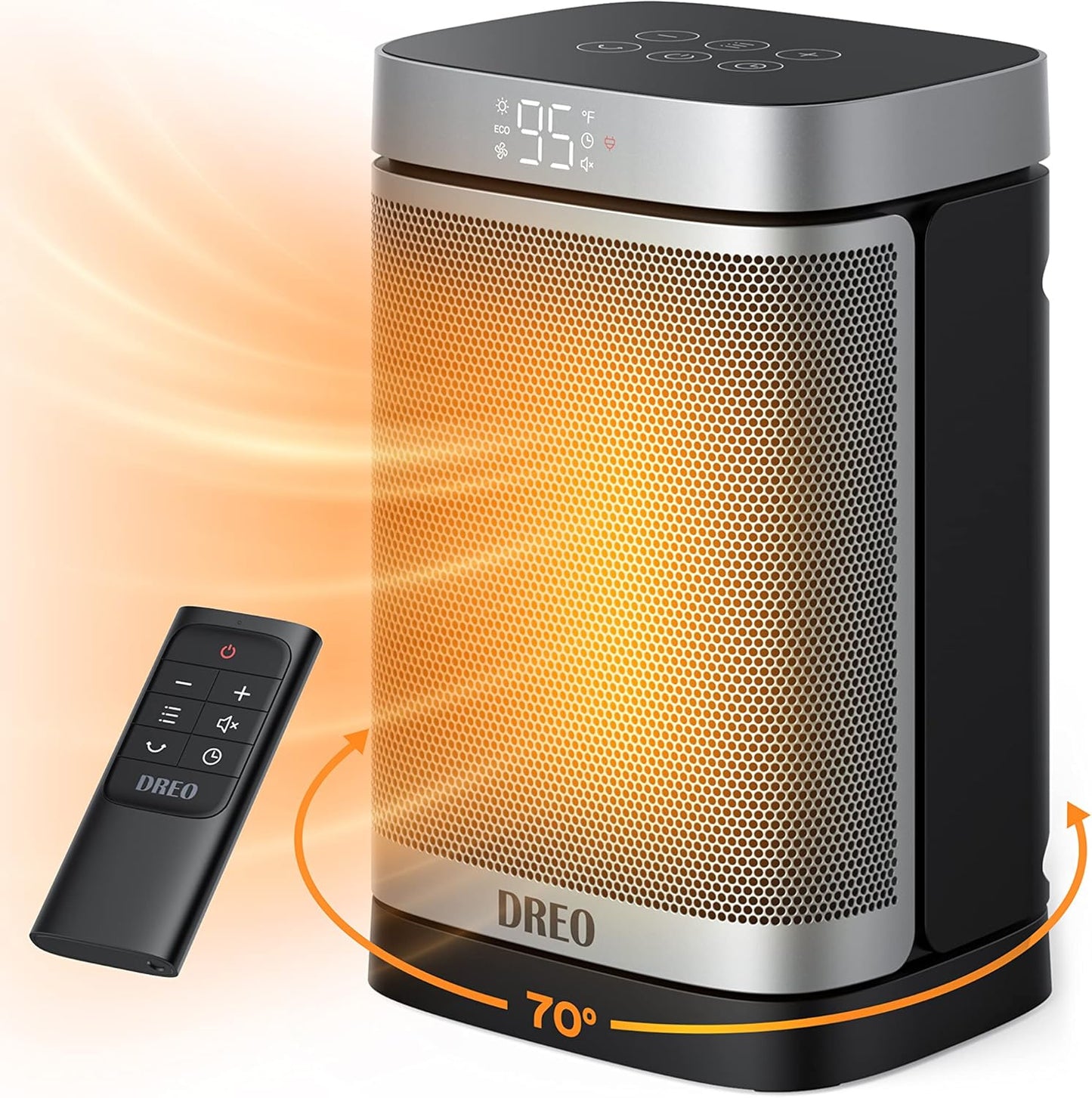 Draagbare Atom Een Ruimteverwarmer met Afstandbeheer, 70°Ossillerend met Digitale Termostaat, 1500W PTC Keramiek, 12h Tydhouer, Stil Veiligheidsverhitting - Silwer