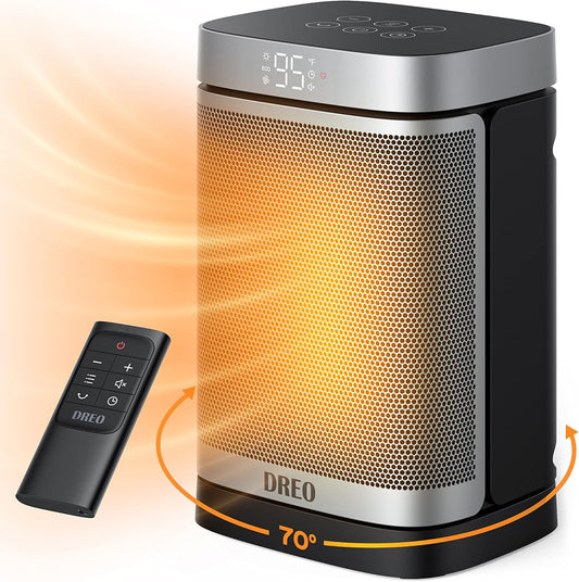 Portable Atom One Space Heater w/ Remote, 70°Oscillating w/ Digital Thermostat, 1500W PTC Ceramic, 12h Timer, Quiet Safety Heating - Silver
