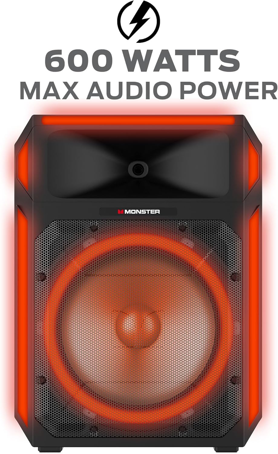Monster X6 All-in-One Bluetooth Speaker System, Party Speaker, PA | 600W Power, 15" Sub | Beat Synced LED Lights, All Terrain Wheels, TWS Pairing, App Control | Includes Adjustable Tripod & Microphone