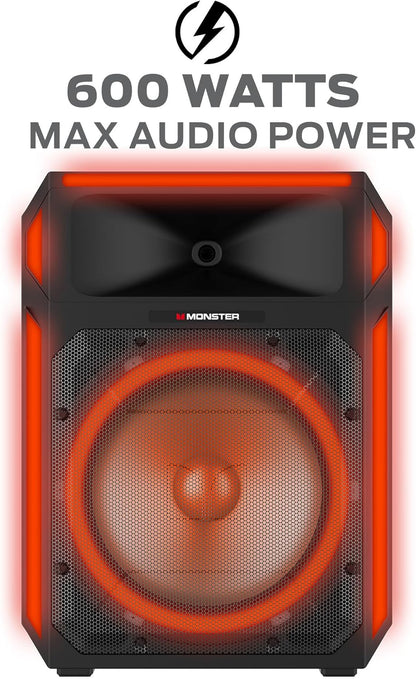 Monster X6 All-in-One Bluetooth Speaker System, Party Speaker, PA | 600W Power, 15" Sub | Beat Synced LED Lights, All Terrain Wheels, TWS Pairing, App Control | Includes Adjustable Tripod & Microphone