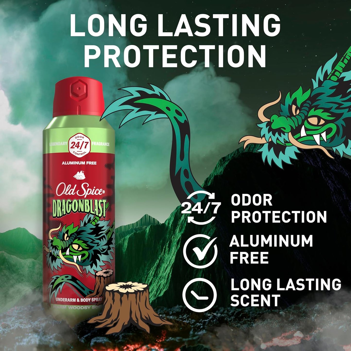 Old Spice Aluminum Free Body Spray for Men, 24/7 Odor Protection, Cologne Quality Scent - Dragonblast w/ Warm Woodsy Scent (Pack of 3)