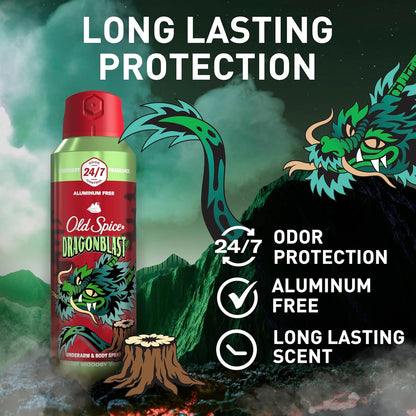 Old Spice Aluminum Free Body Spray for Men, 24/7 Odor Protection, Cologne Quality Scent - Dragonblast w/ Warm Woodsy Scent (Pack of 3)