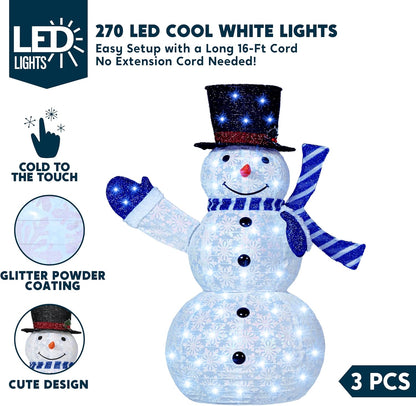 3 STUKE 3D Kersfees Opvoubare Sneeuman Tuinlig 270 Voorafverligte LED Koele Wit Liggie - Blou Serp