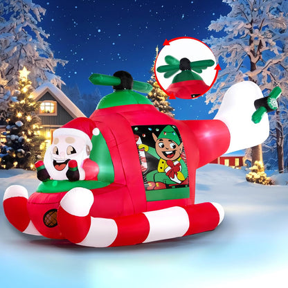(7FT) Long Christmas Inflatable Santa Elf on Animated Helicopter, Blow Up Santa Inflatable on Flying Airplane with Rotating Propeller Decor