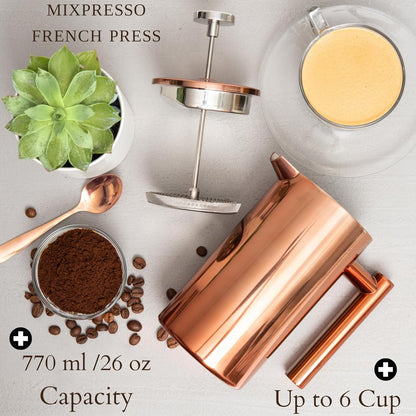Mixpresso Vlekvrye Staal Franse Pers Koffiemaker 26 Oz 770 ml, Dubbelwand Geïsoleerde Franse Pers Vlekvrye Staal, Maklik Skoon Teebrouer, Maklik Druk Duursame Metaal Koffiepers