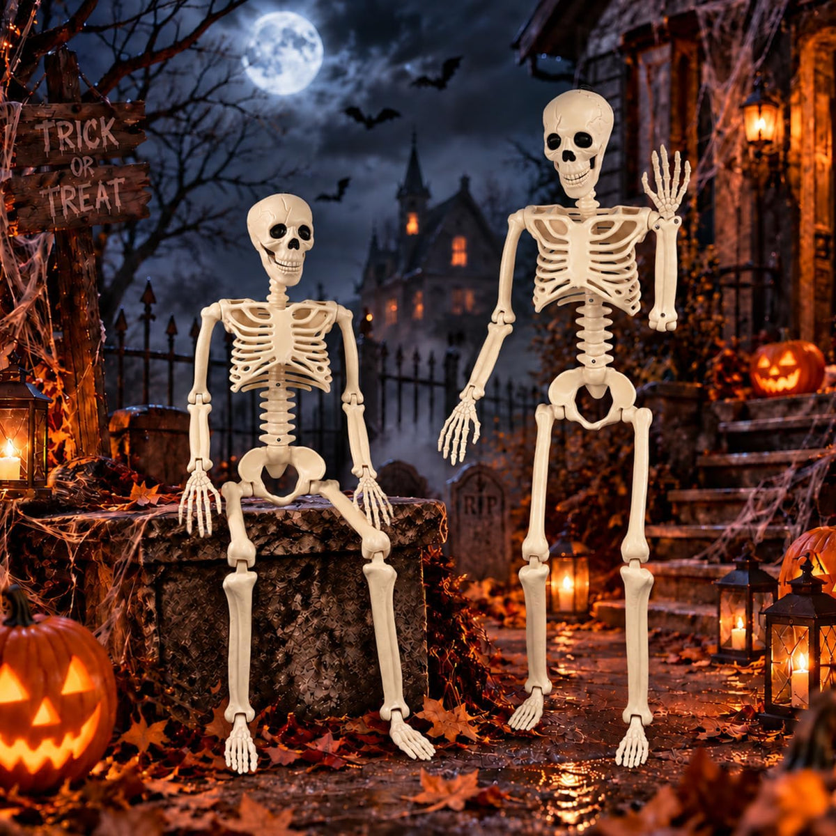 2 Pack 36" Halloween Posable Skeletons, 3 FT Halloween Skeleton Decorations