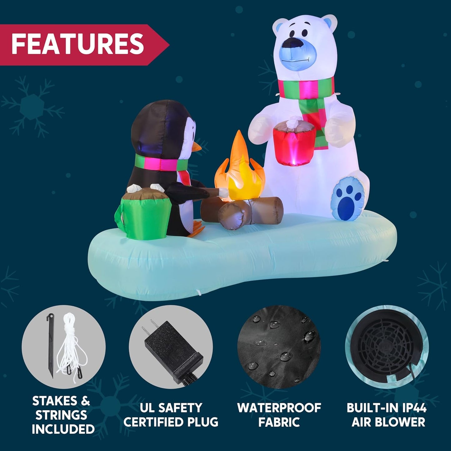 (6FT)  Long Christmas Inflatable Polar Bear and Penguin w/ Campfire, Blow Up Yard Decoration Build-in LEDs Winter Décor