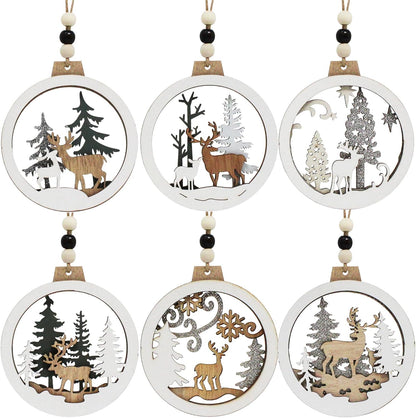 (6PCS) Christmas Wooden Ornaments Farmhouse Rustic Reindeer, Hanging Wood Ornaments - Classic