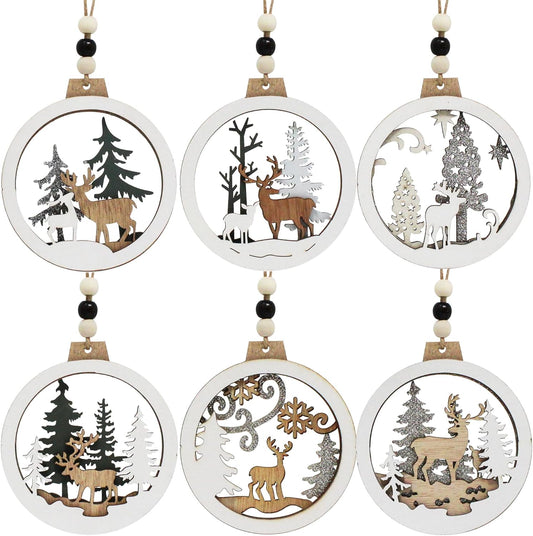 (6PCS) Christmas Wooden Ornaments Farmhouse Rustic Reindeer, Hanging Wood Ornaments - Classic