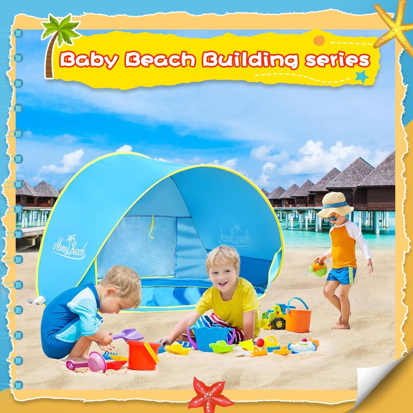 Beach Tent with Beach Sand Toys Pop Up Portable Shade Pool UPF50+ UV Protection Sun Shelter for Infant with Easy Set Up Canopy (Blue with Toys)