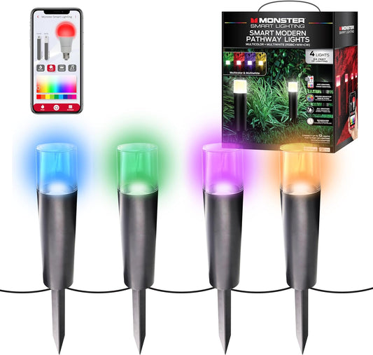 Monster Smart RGB+IC+WW Roetepaadjie-LED-ligte, 4 Individueel Beheerbare Verstelbare LED's, Klankreaktief, IP44 Water- en Weerbestand, Versoenbaar met Alexa, Siri, Google Home, Monster App, Razer Chroma