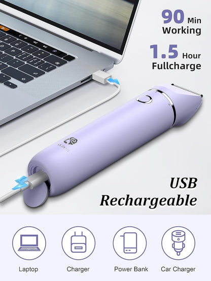 Bikini Trimmer and Shaver Kit - 2-in-1 Wet/Dry Electric Body Hair Trimmer Facial Hair Removal Cordless Waterproof (Purple)