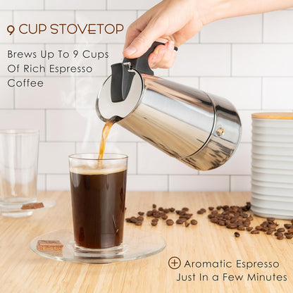 Mixpresso 9 Koppie Greca Kookplaat Espresso Pot 450ml/15oz, Moka Pot met Koffieperkoleerder Ontwerp, Vlekvrye Staal Kookplaat Koffiemaker vir Kamp of Tuisgebruik, Italiaanse Kookplaat Espressomaker