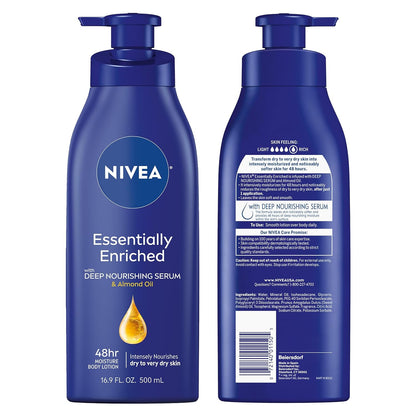 NIVEA Skin Care Set, Essentially Enriched Body Lotion Pack (2 x 16.9 Fl Oz) + Moisture Lip Care Lip Balm Set (4 x 0.17 Oz), Dermatologically Tested for Skin Compatibility