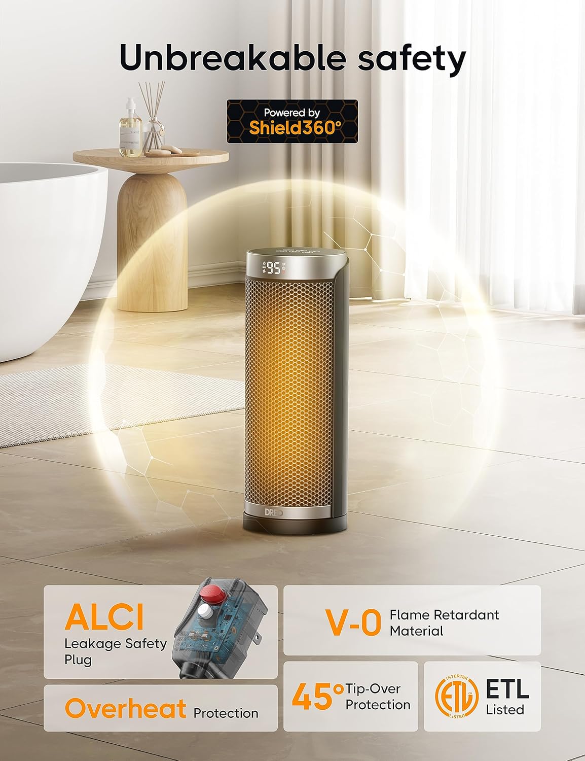 Ruimteverwarmer Binne, 70°Ossillerend, 5 Modusse, Afstandbeheer vir Huis Slaapkamer, 12H Aanskakeltydhouer, met ALCI Veiligheidsproppie