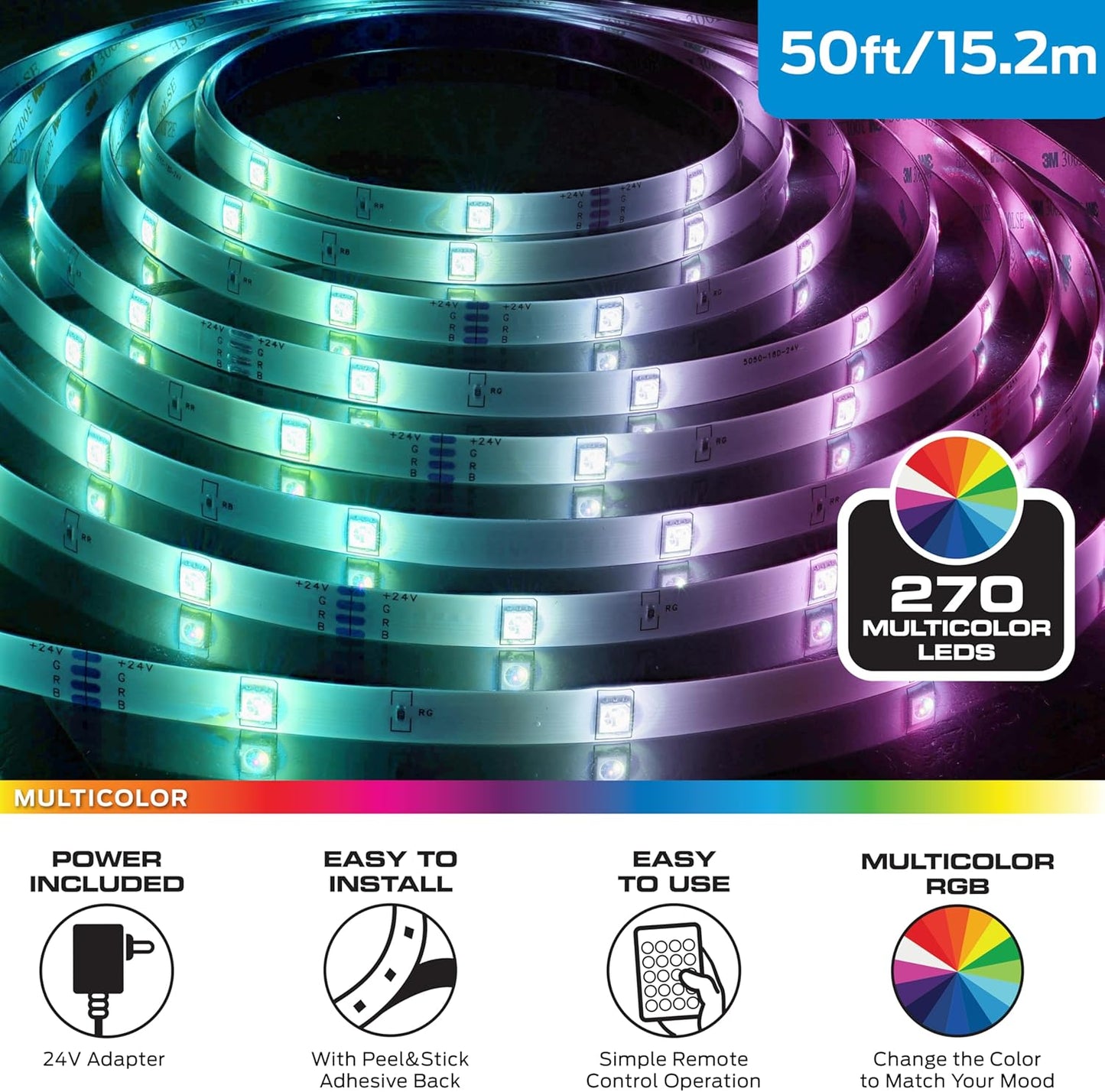 Monster 50 Foot RGB LED Light Strip with Remote Control, 270 RGB LEDs, Adhesive Backing, Coated for Moisture Protection, Dimmable, 24V Plug, 4 Modes Including Strobe, Flash, Fade & Smooth