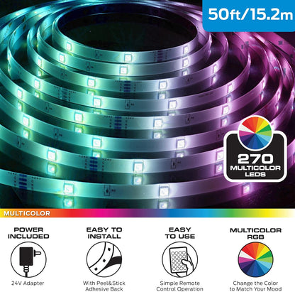 Monster 50 Foot RGB LED Light Strip with Remote Control, 270 RGB LEDs, Adhesive Backing, Coated for Moisture Protection, Dimmable, 24V Plug, 4 Modes Including Strobe, Flash, Fade & Smooth