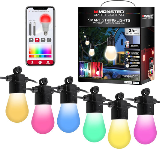 Monster 24 Voet Slimme RGB+IC+WW Buite Stringligte, 12 Gloeilamp Kleurvloei Dimbaar LEDs, Klankreaktief, Water- & Weerbestand, Versoenbaar met Alexa, Siri, Google Home, Toep