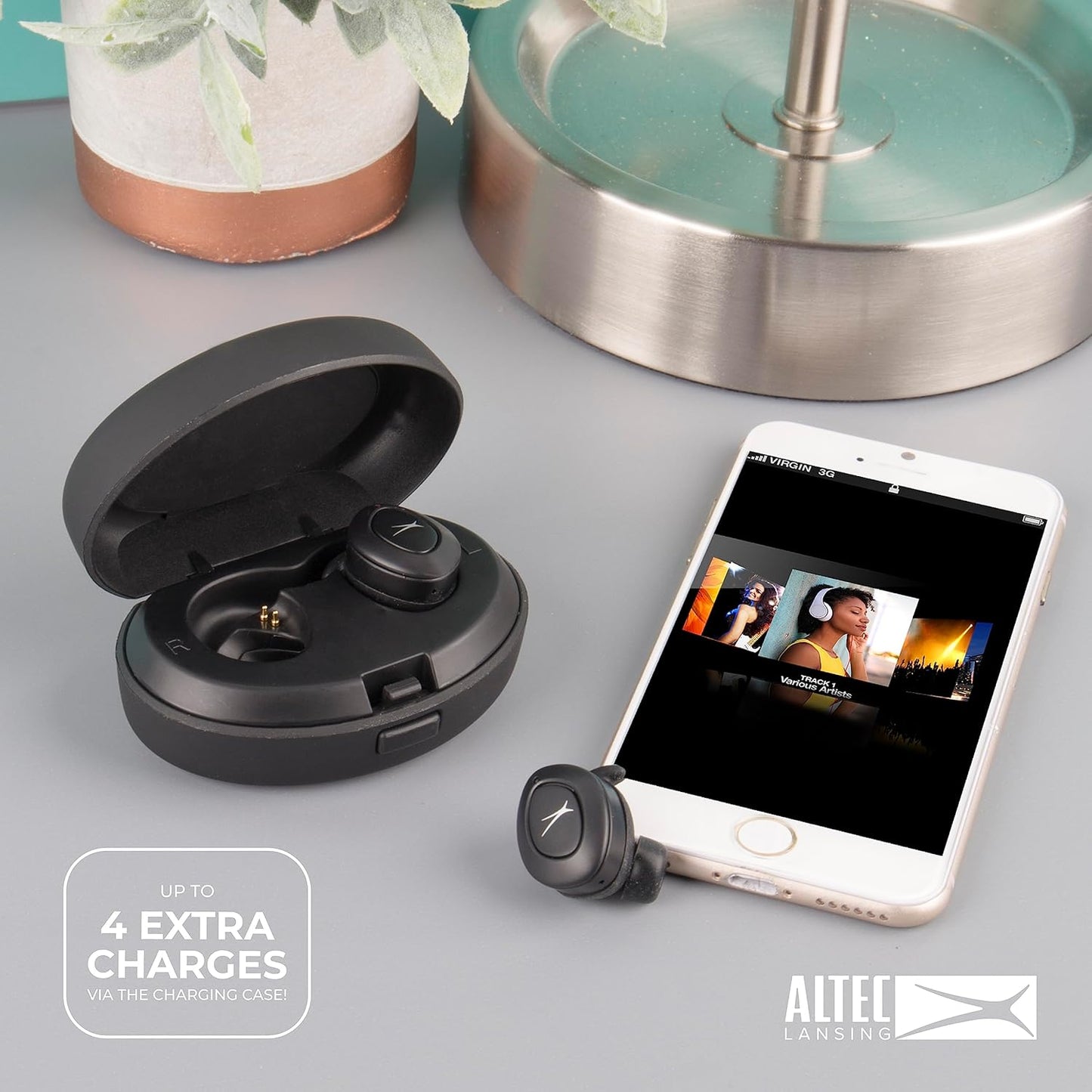 Altec Lansing True Evo+ Waarlik koordlose oorfone, 4 uur se batterylewe, ontvang tot 4 ladings onderweg, toegang tot Siri of Google stemassistent via Bluetooth deur jou slimfoon, MZX659-BLK