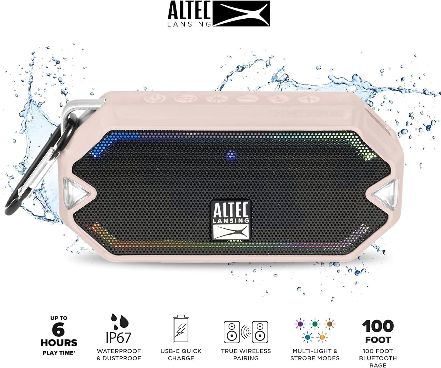 Altec Lansing - HydraMini Draadlose Bluetooth-luidspreker, IP67 Waterdigte USB C Herlaaibare Battery met 6 Uur Speeltyd, Kompak, Skokbestand, Sneeubestand, Allesbestand (Petal Pink)