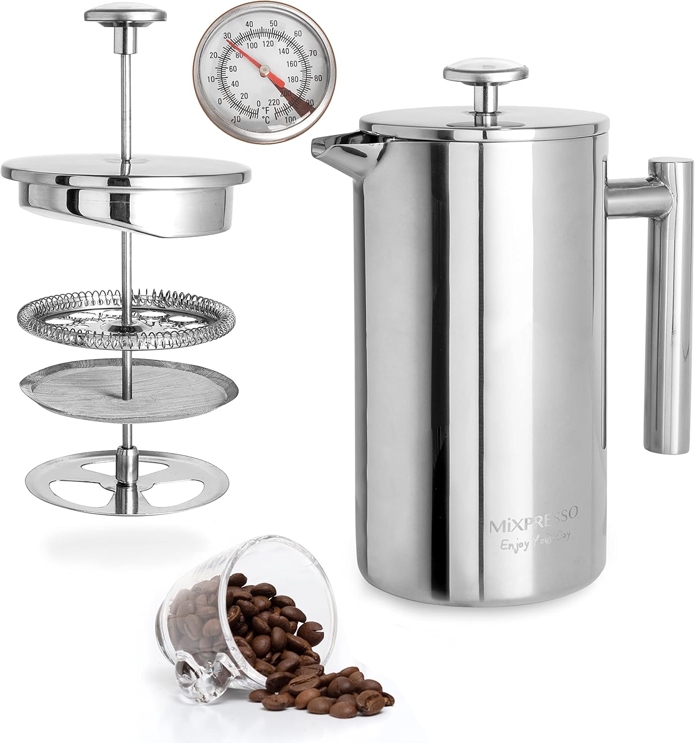 Mixpresso Vlekvrye Staal Franse Pers Koffiemaker 800ml (27 Oz), Dubbelwandige Geïsoleerde Franse Pers Vlekvrye Staal, Ingeboude Termometer, Maklik Skoonmaak Tee Brouer, Maklik Drukbare Duursame Metaal Koffiepers